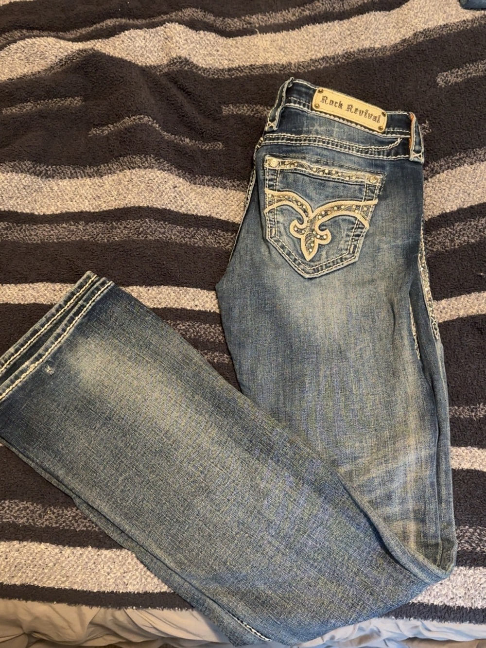 Rock Revival Women's Medium Blue Boot Cut Jeans with Embroidered Pockets